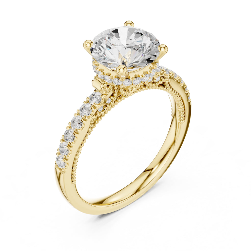2.00 ct Round Lab-Grown Diamond Milgrain Pave Ring 2ct Yellow Gold