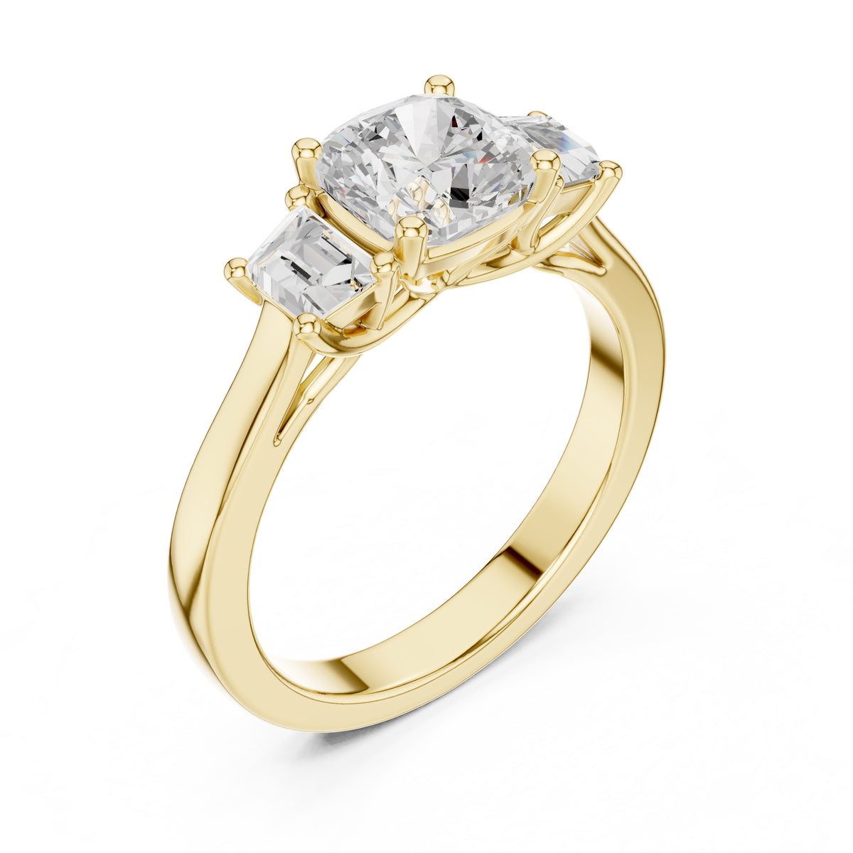 2.00 ct Cushion Baguette Three Stone Ring 1.4ct Yellow Gold