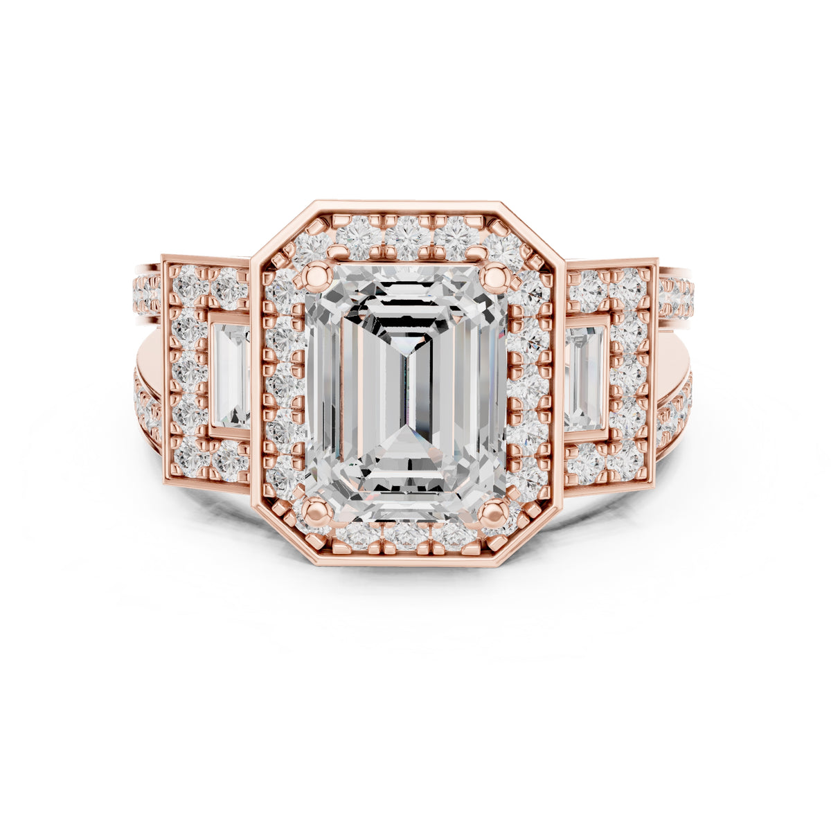 2.50 ct Emerald Cut Baguette Halo Ring 2.5ct Rose Gold