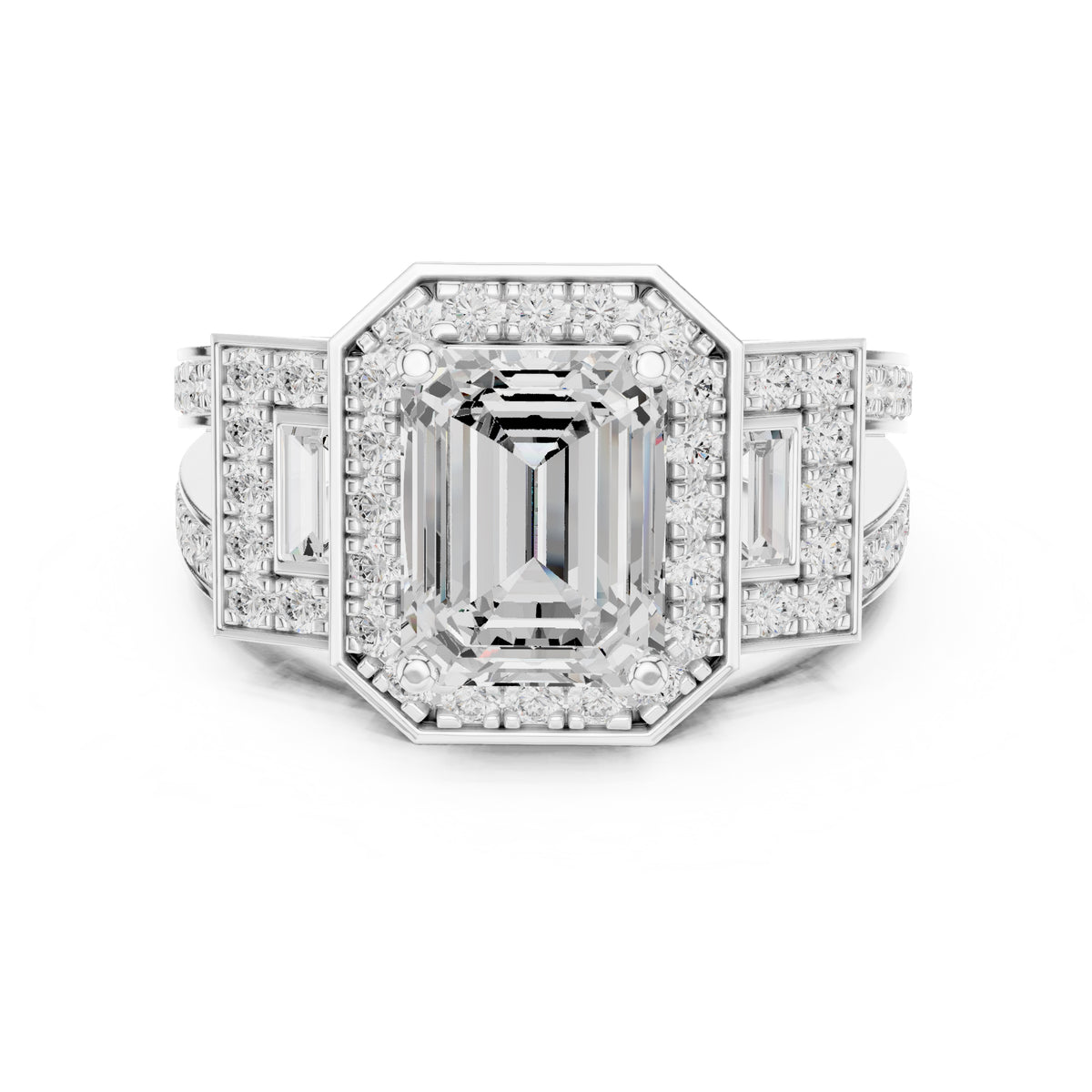 2.50 ct Emerald Cut Baguette Halo Ring 2.5ct White Gold