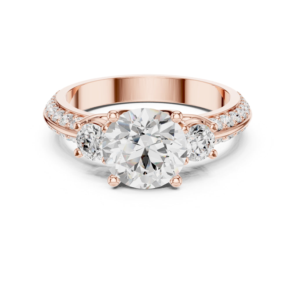 2.00 ct Three Stone Pave Lab-Grown Diamond Ring 2ct Rose Gold