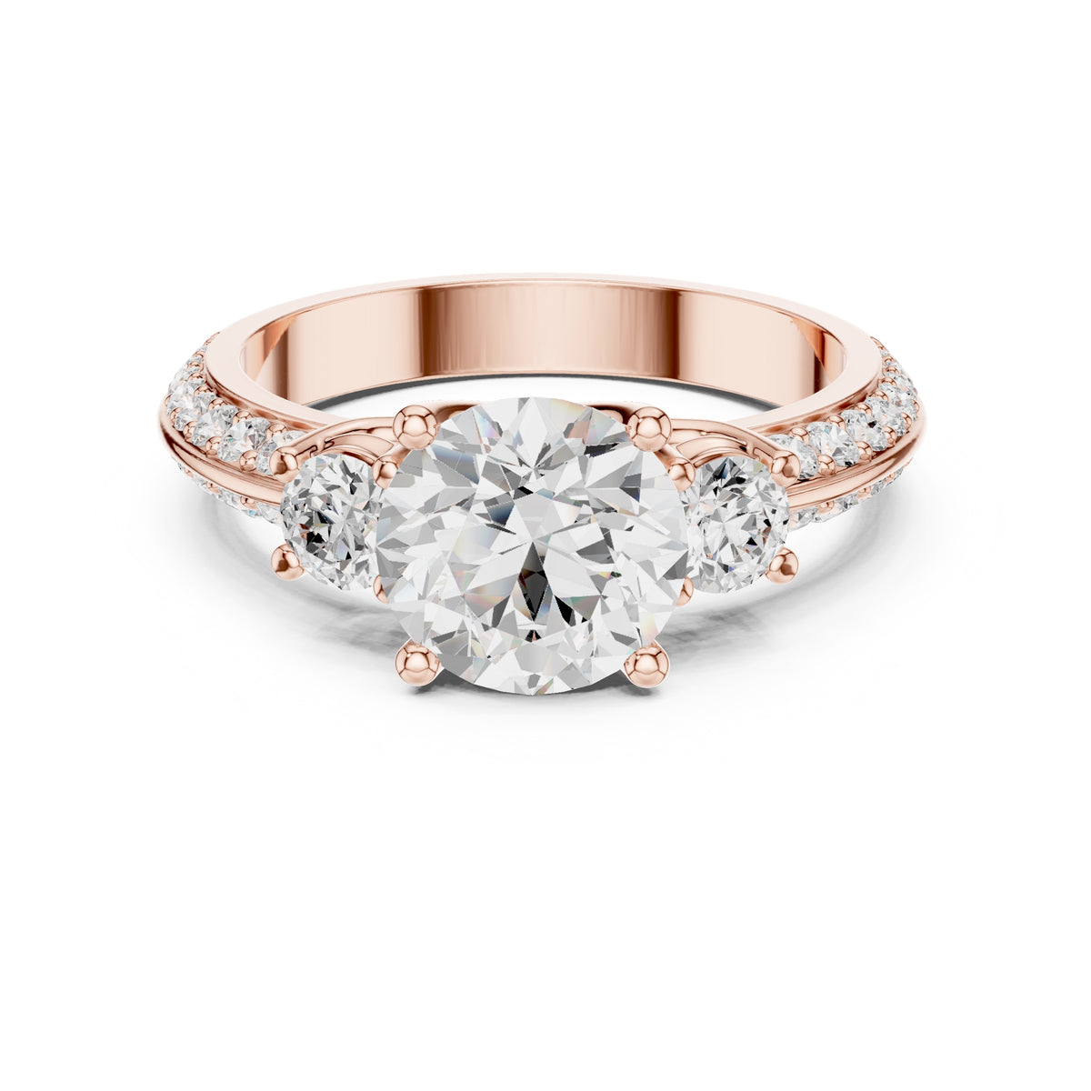 2.00 ct Three Stone Pave Lab-Grown Diamond Ring 2ct Rose Gold