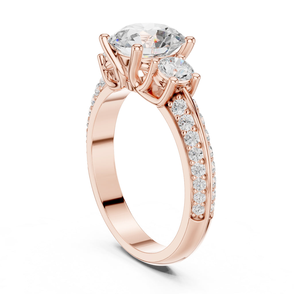 2.00 ct Three Stone Pave Lab-Grown Diamond Ring 2ct Rose Gold