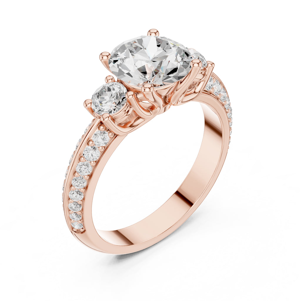 2.00 ct Three Stone Pave Lab-Grown Diamond Ring 2ct Rose Gold