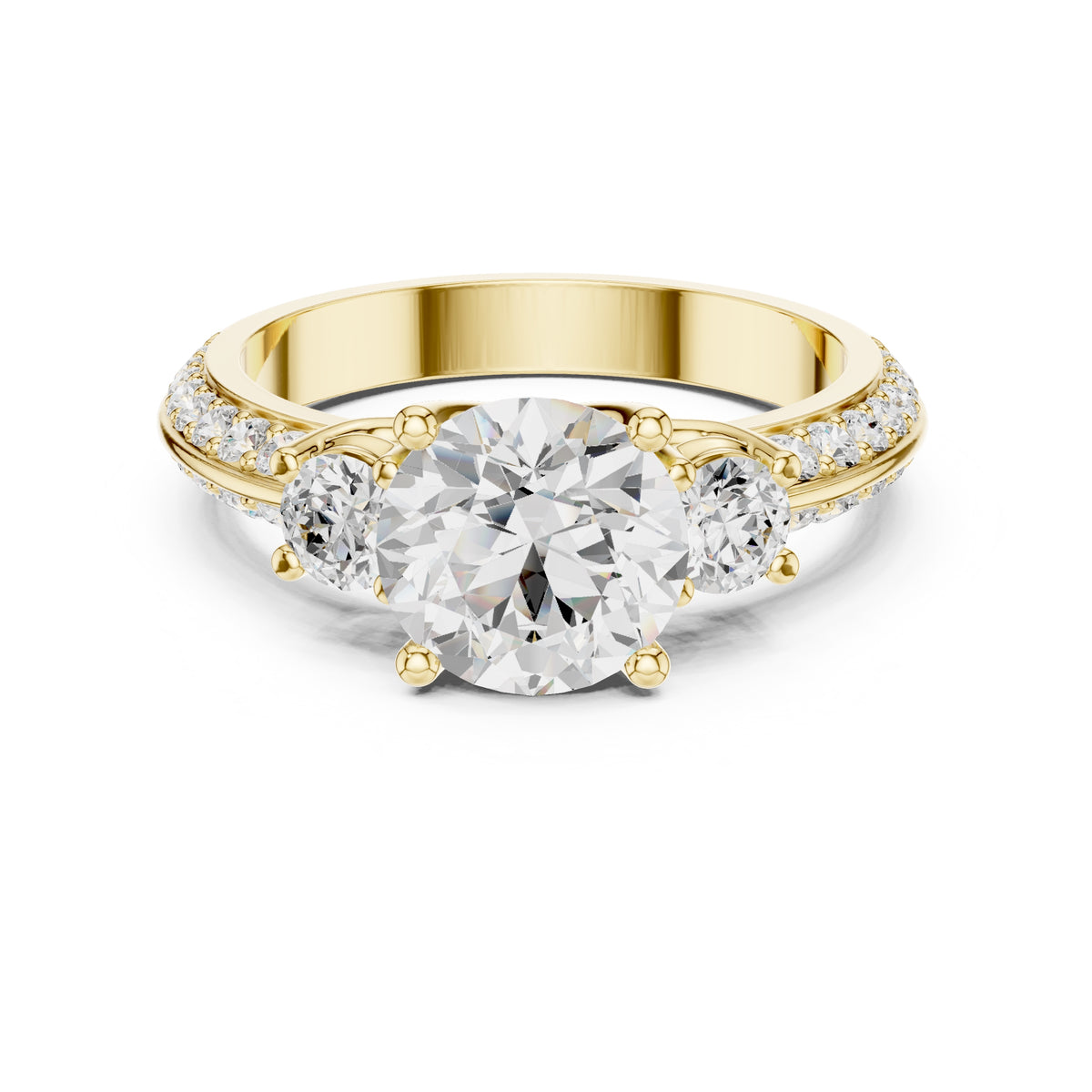 2.00 ct Three Stone Pave Lab-Grown Diamond Ring 2ct Yellow Gold