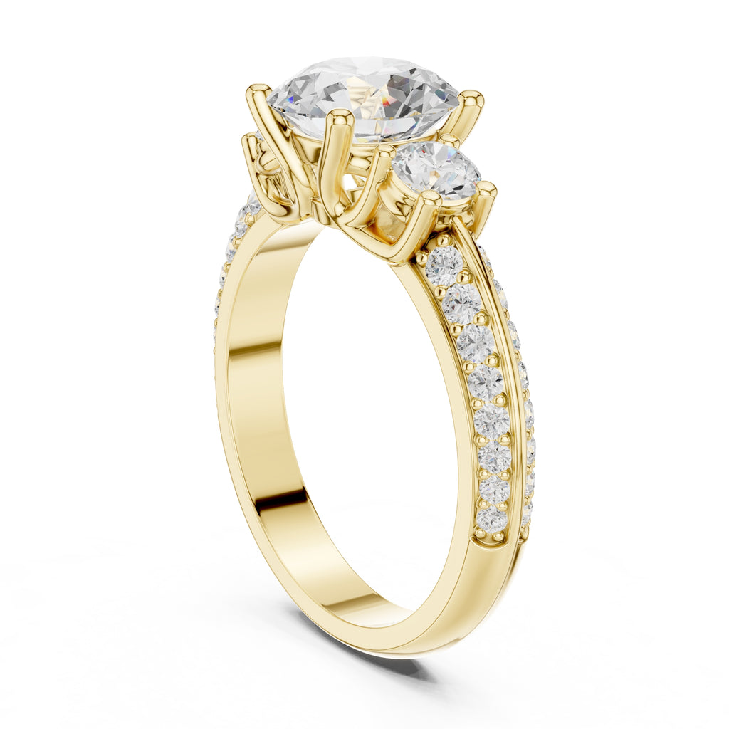 2.00 ct Three Stone Pave Lab-Grown Diamond Ring 2ct Yellow Gold