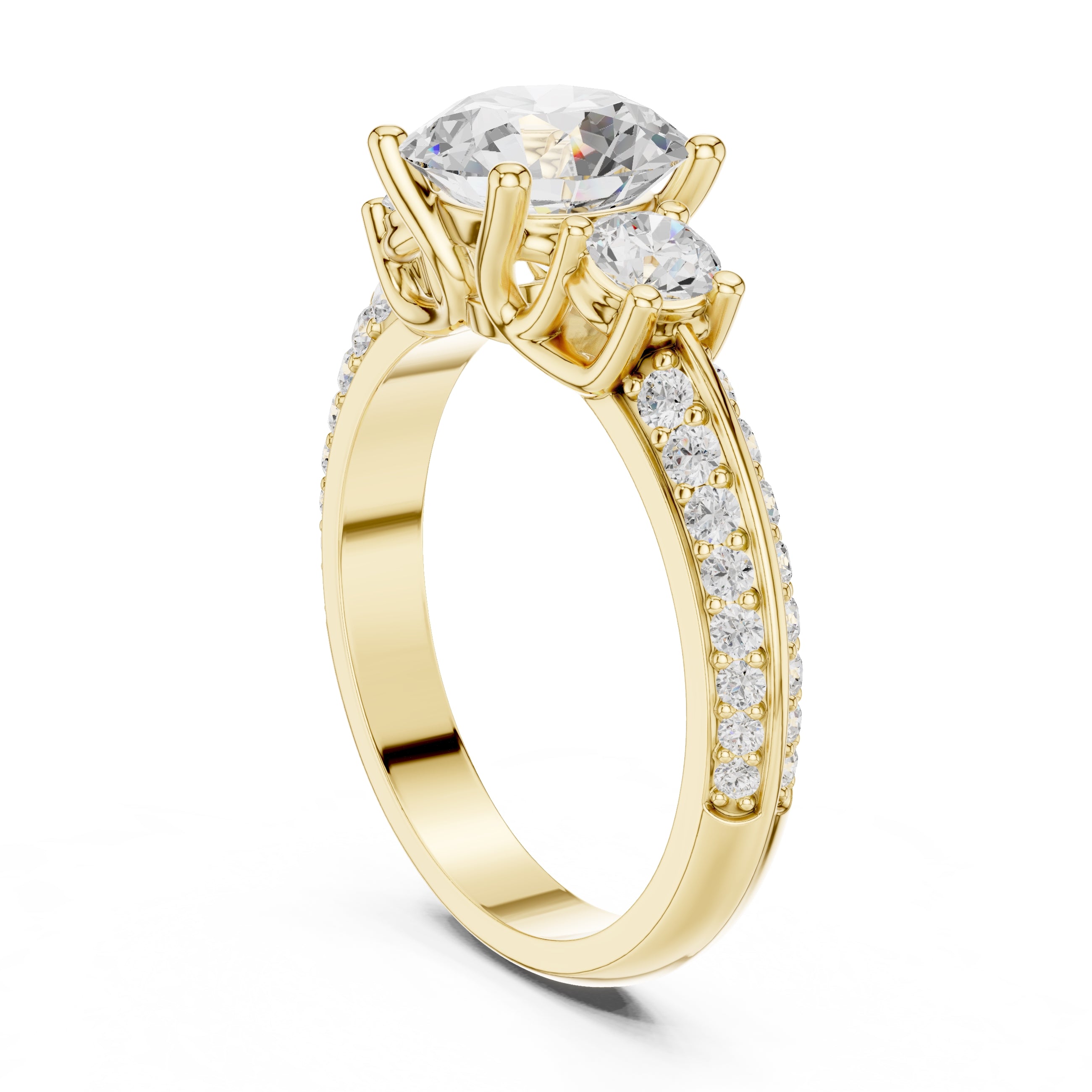 2.00 ct Three Stone Pave Lab-Grown Diamond Ring 2ct Yellow Gold