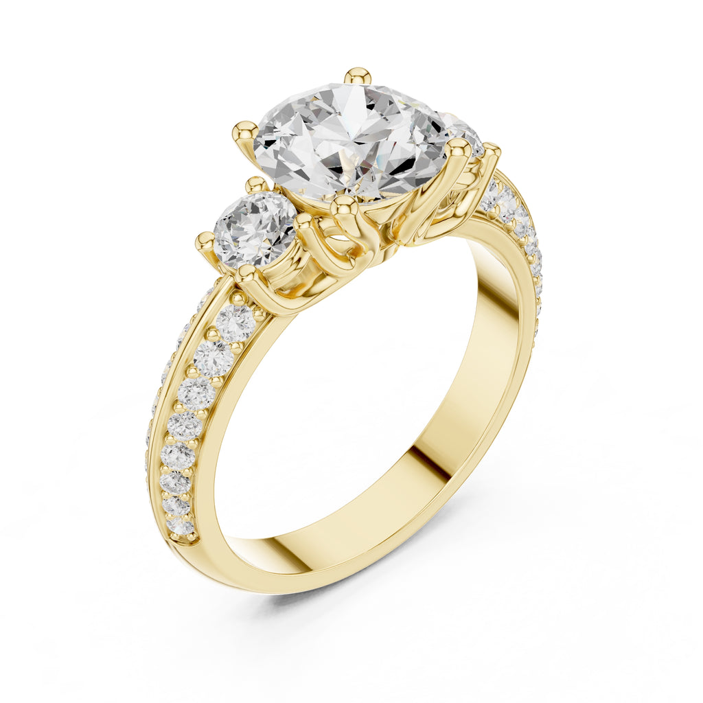 2.00 ct Three Stone Pave Lab-Grown Diamond Ring 2ct Yellow Gold
