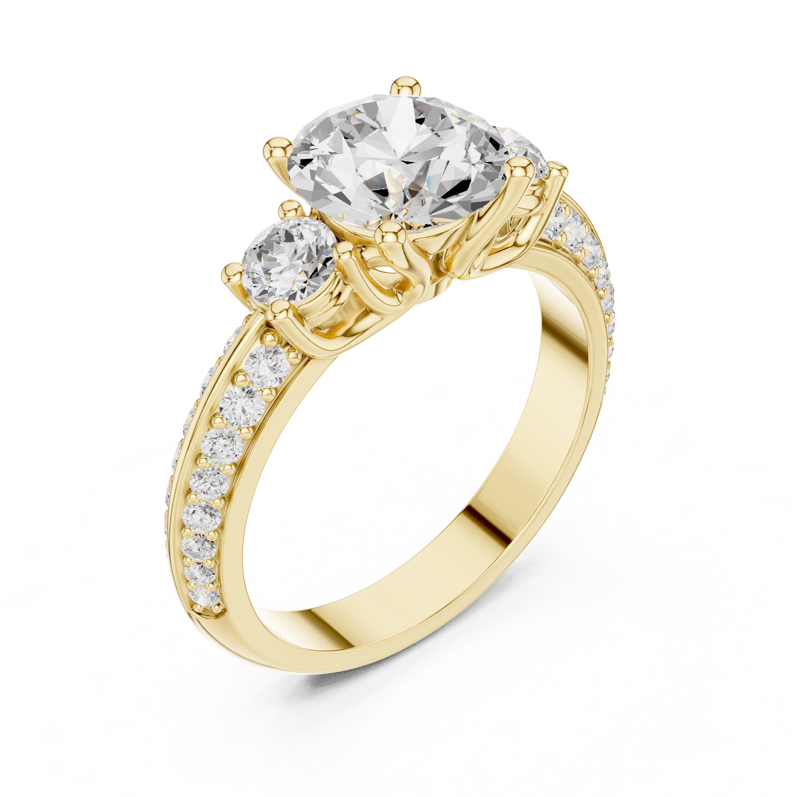 2.00 ct Three Stone Pave Lab-Grown Diamond Ring 2ct Yellow Gold