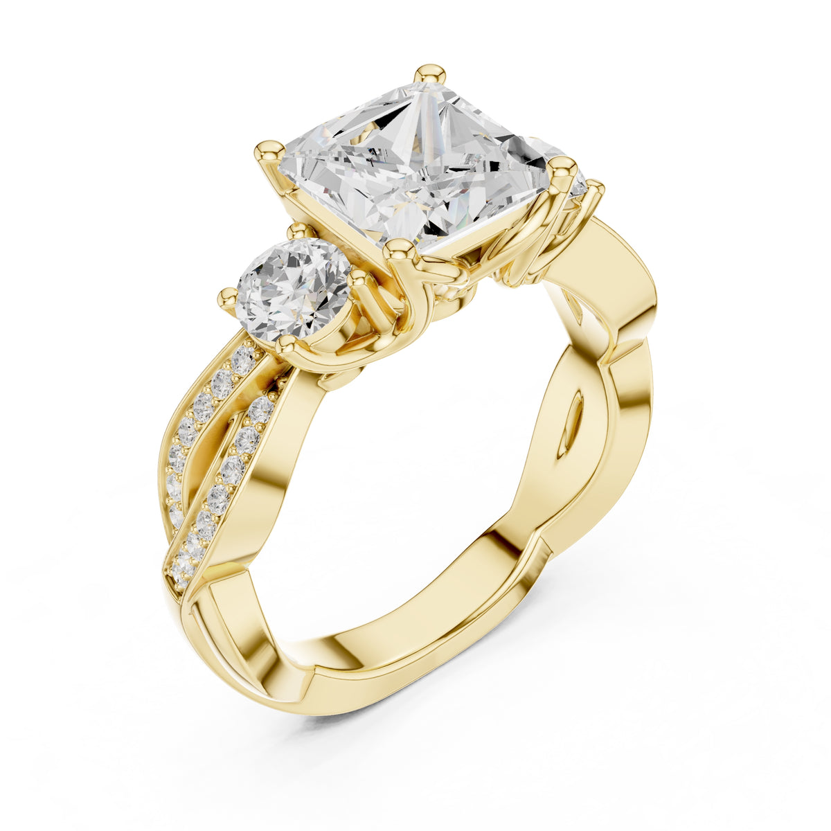 2.50 ct Princess Split-Shank Three-Stone Ring 2.5ct Yellow Gold