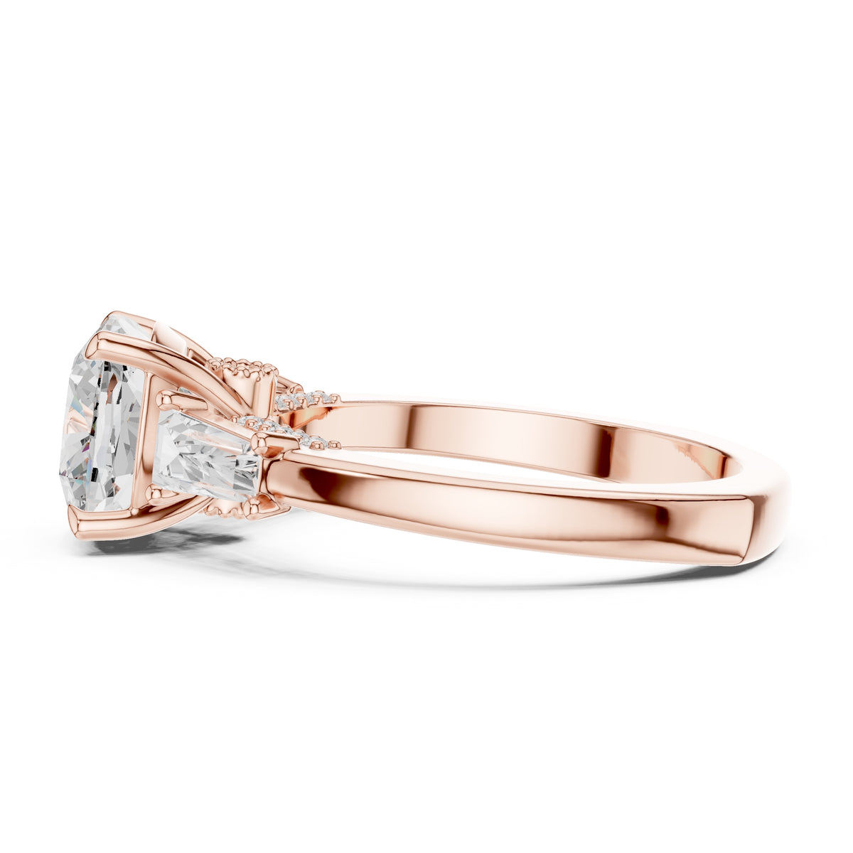3.00 ct Cushion Baguette Three Stone Ring 3ct Rose Gold