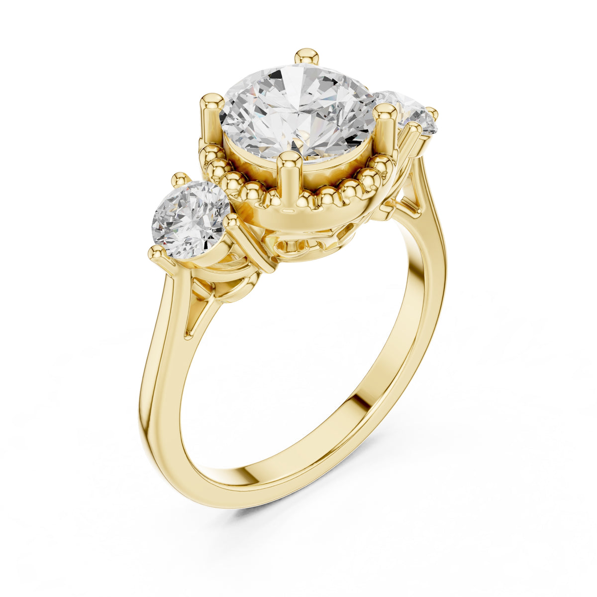 2.00 ct Round Milgrain Halo Three Stone Ring 2ct Yellow Gold