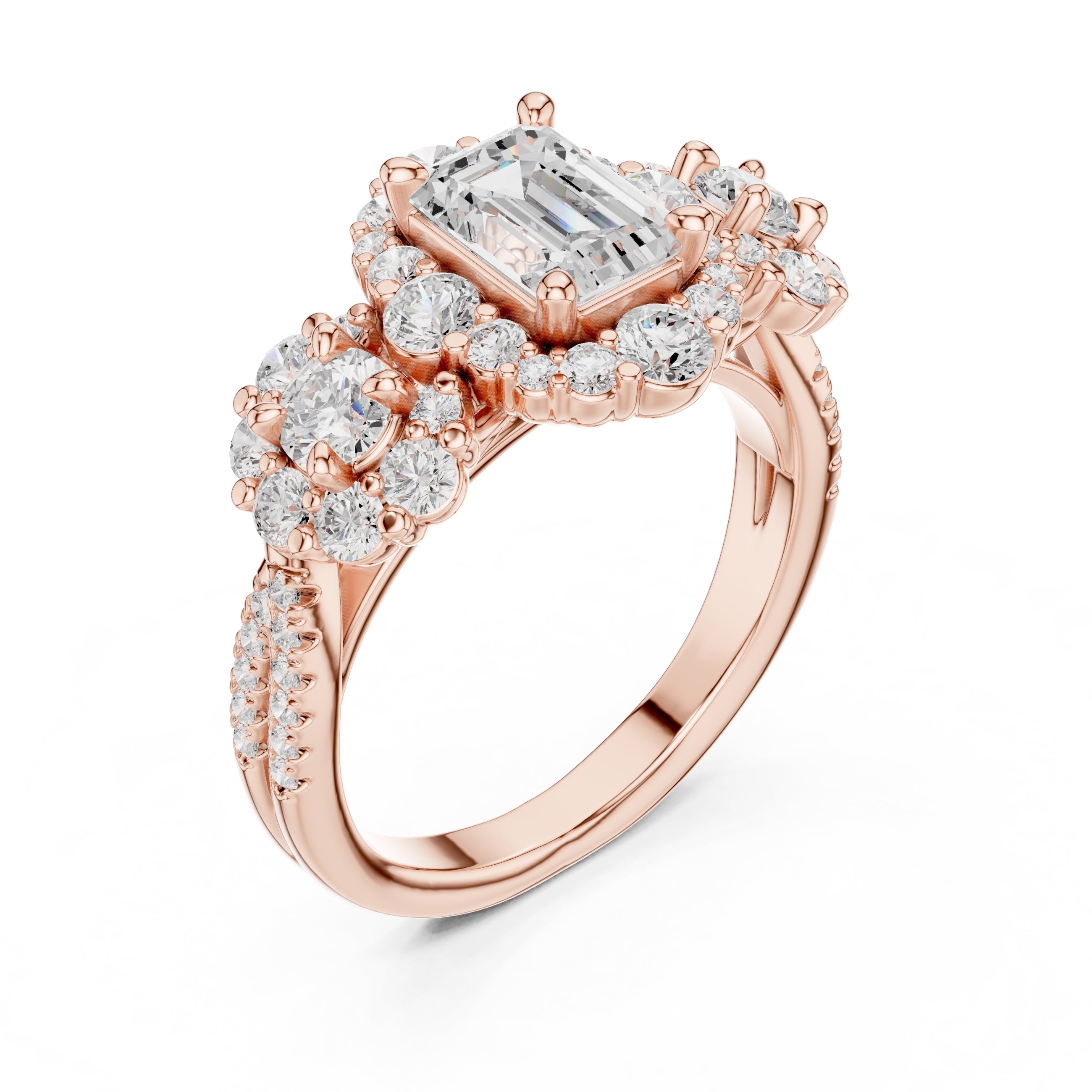 0.30 ct Emerald Cut Cluster Halo Ring 0.3ct Rose Gold