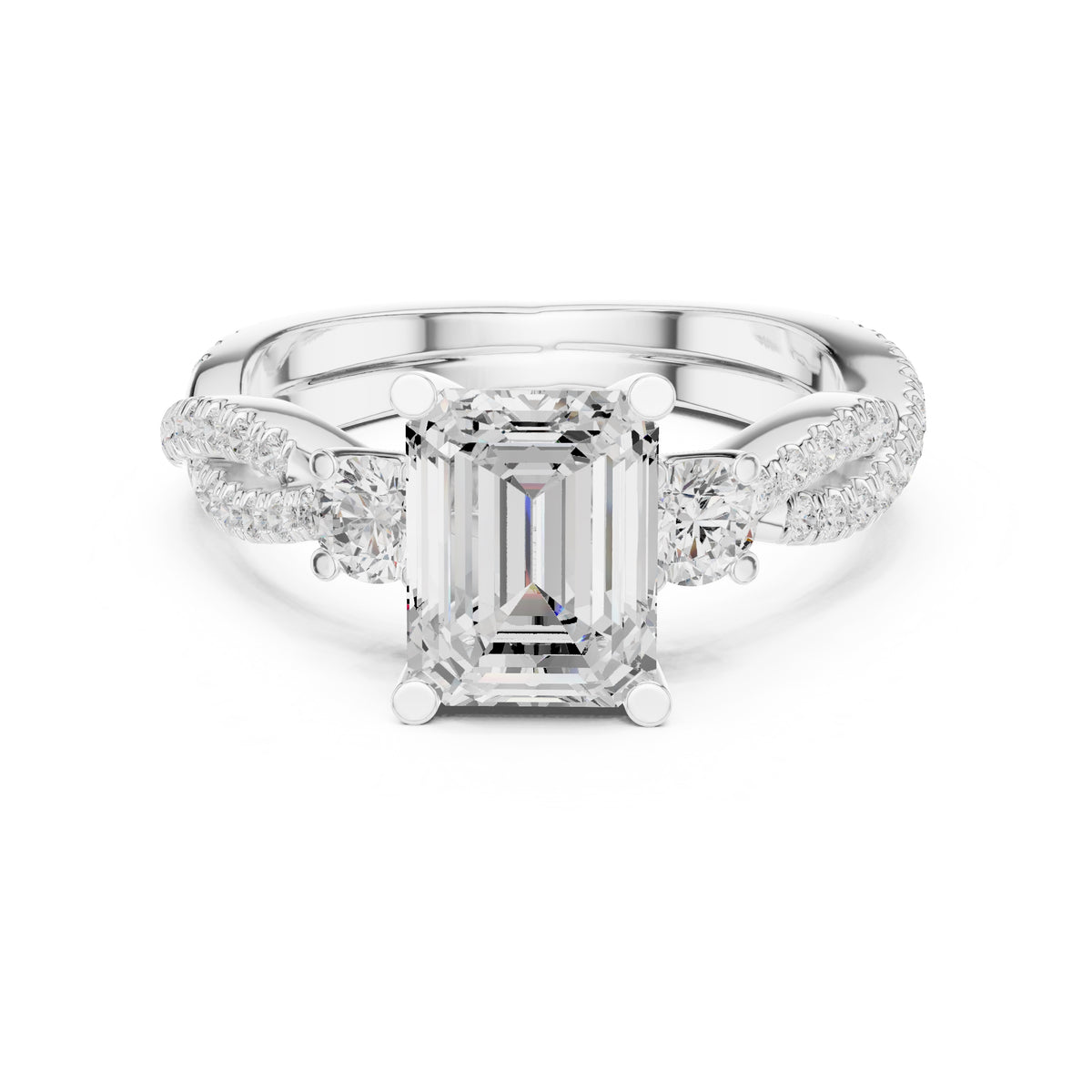 2.00 ct Emerald Cut Split-Shank Three-Stone Ring 2ct White Gold