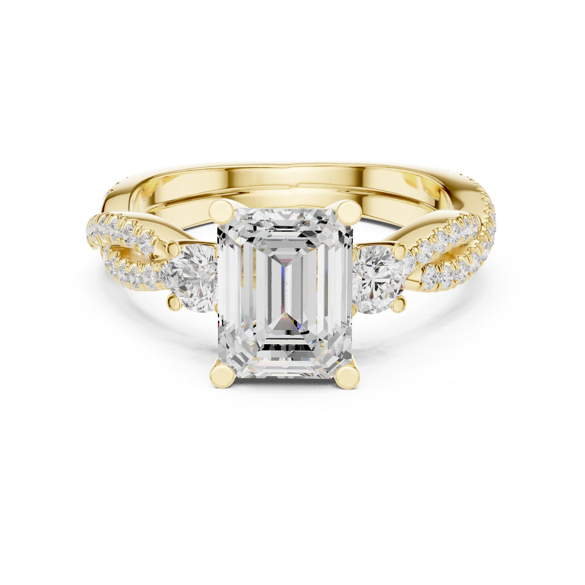 2.00 ct Emerald Cut Split-Shank Three-Stone Ring 2ct Yellow Gold