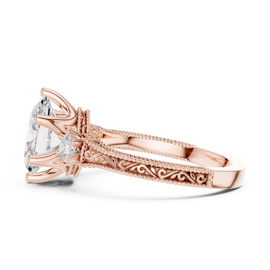 2.50 ct Oval Vintage Filigree Three-Stone Ring 2.5ct Rose Gold