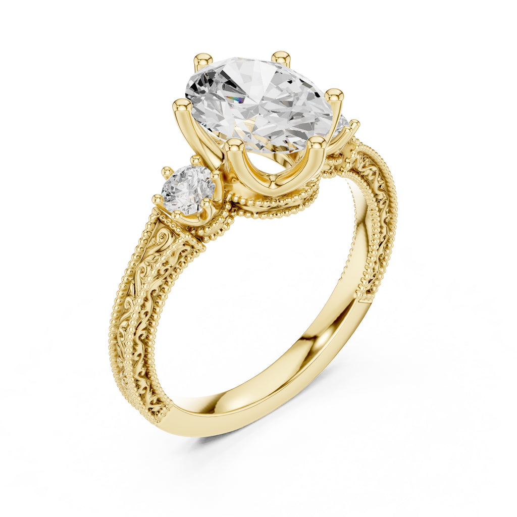 2.50 ct Oval Vintage Filigree Three-Stone Ring 2.5ct Yellow Gold