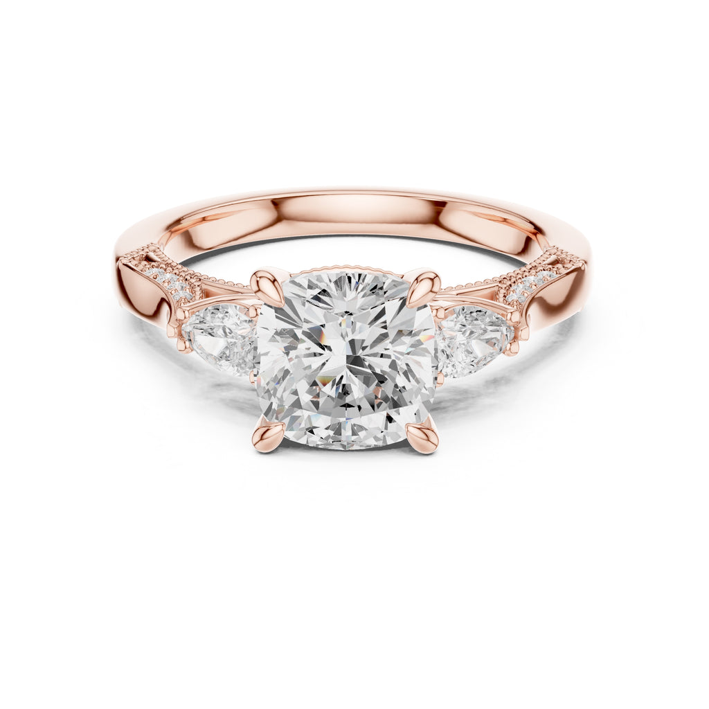 2.00 ct Cushion Pear Three Stone Ring 2ct Rose Gold