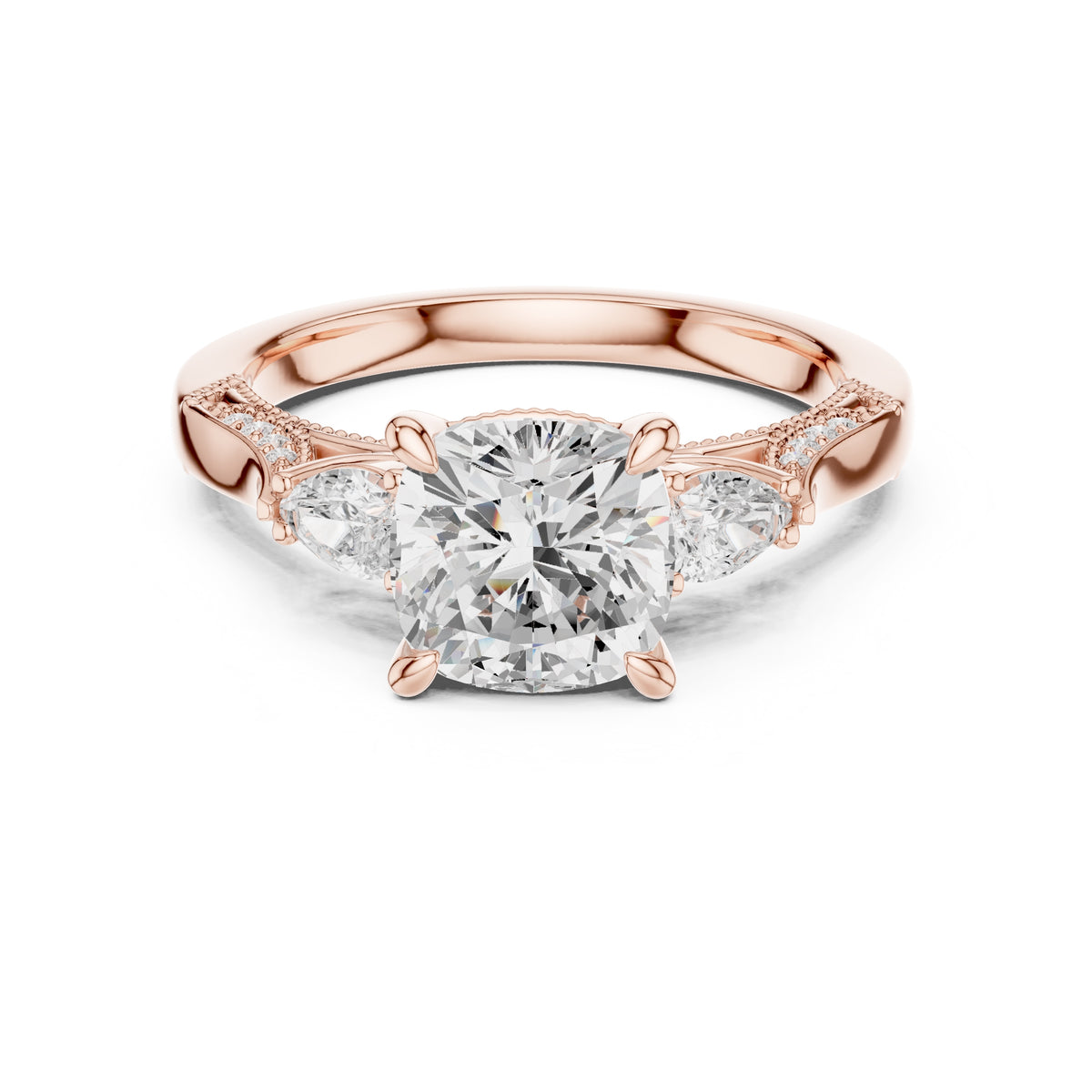 2.00 ct Cushion Pear Three Stone Ring 2ct Rose Gold