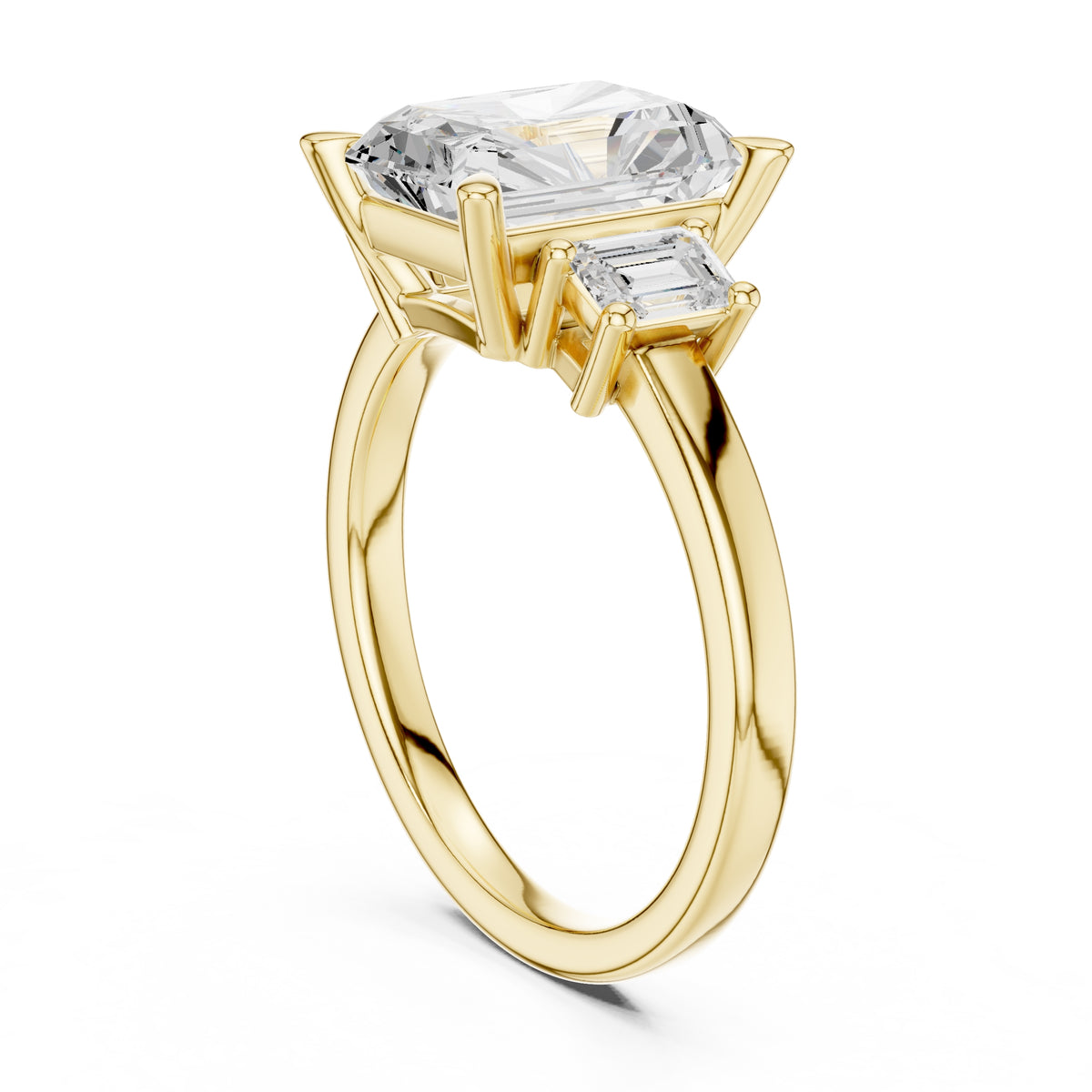 2.50 ct Radiant Emerald Three Stone Ring 2.5ct Yellow Gold