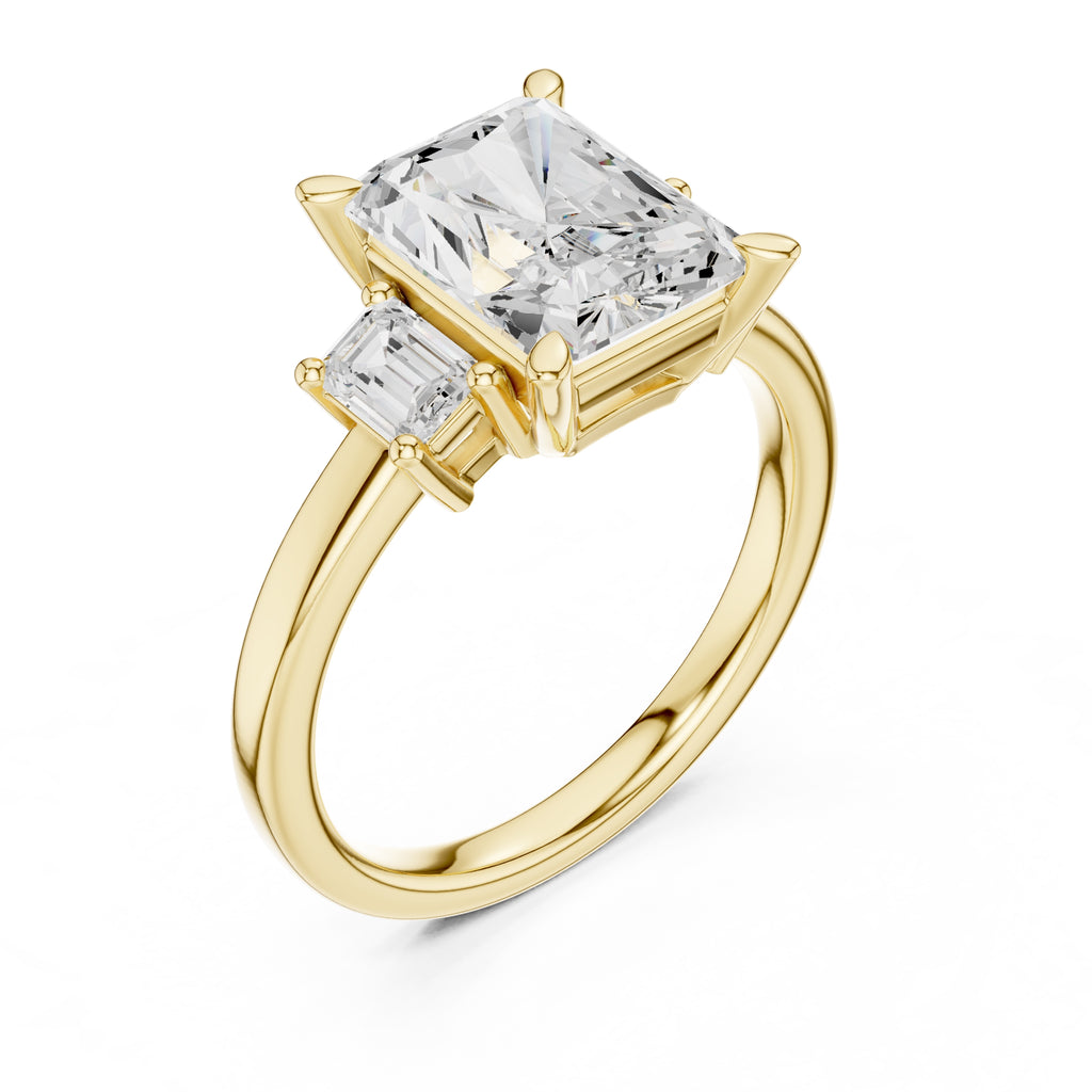 2.50 ct Radiant Emerald Three Stone Ring 2.5ct Yellow Gold