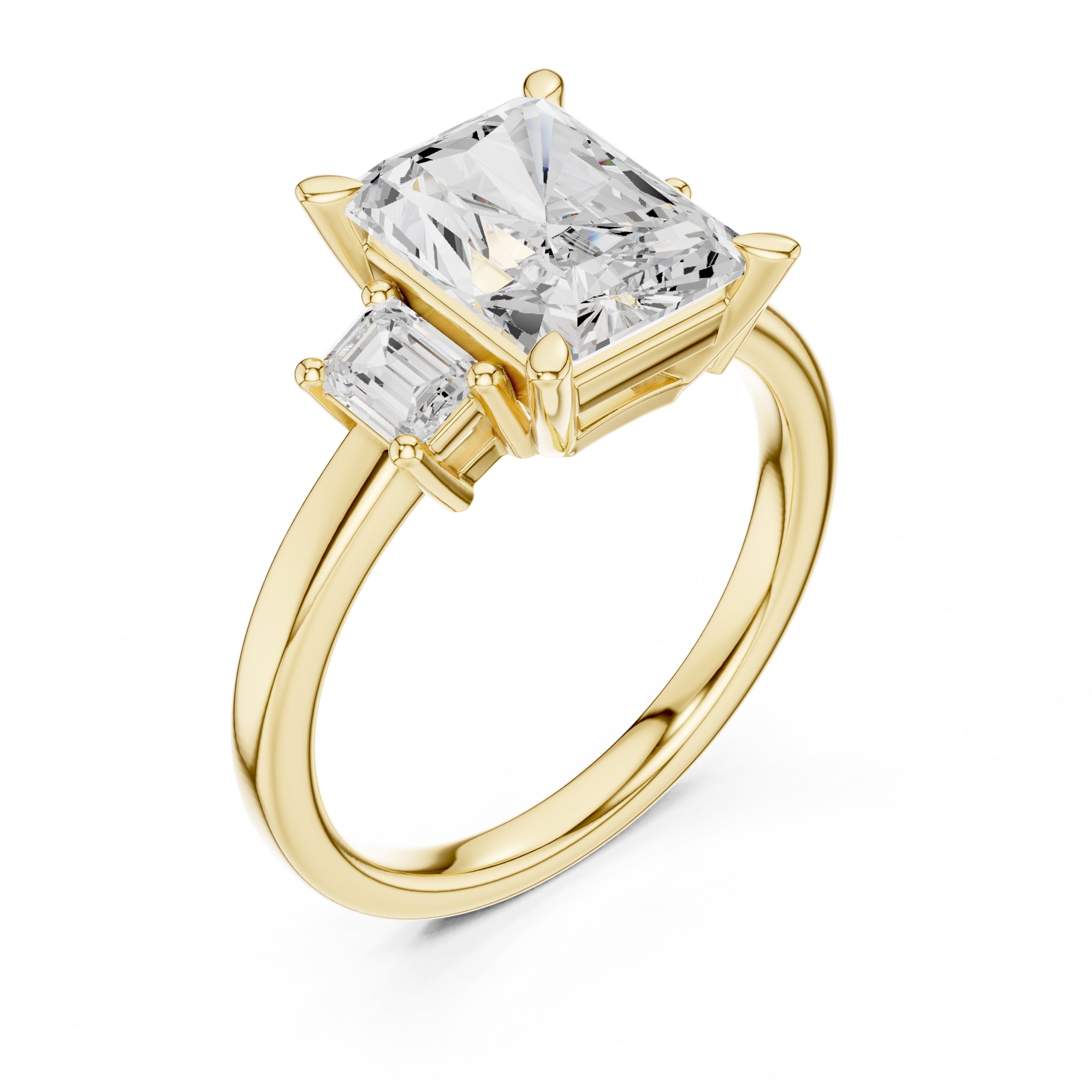 2.50 ct Radiant Emerald Three Stone Ring 2.5ct Yellow Gold