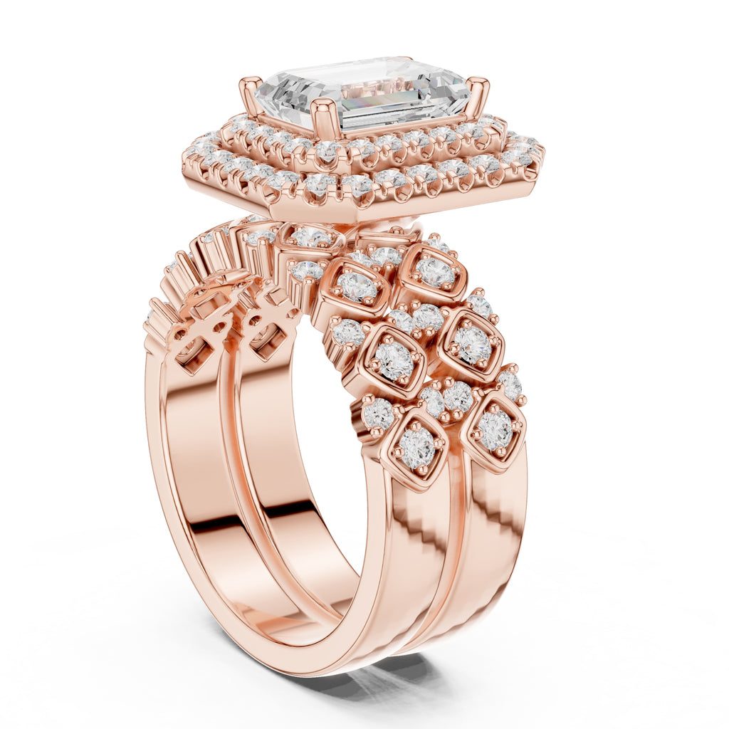 2.00 ct Emerald Cut Double Halo Bridal Set 2ct Rose Gold
