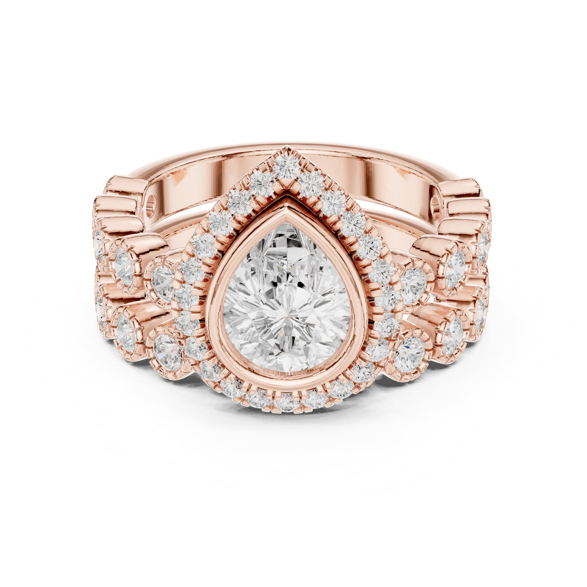 1.00 ct Pear Bezel Halo Bridal Ring Set 1ct Rose Gold