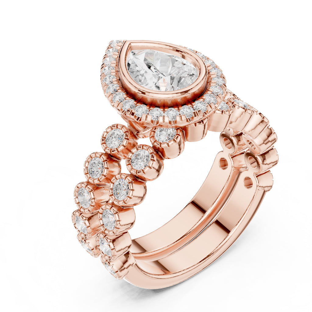 1.00 ct Pear Bezel Halo Bridal Ring Set 1ct Rose Gold
