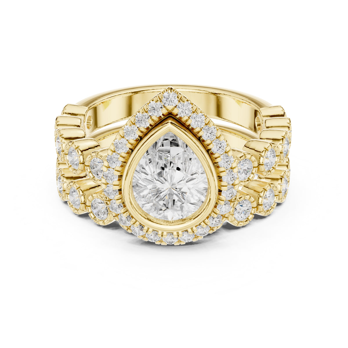 1.00 ct Pear Bezel Halo Bridal Ring Set 1ct Yellow Gold