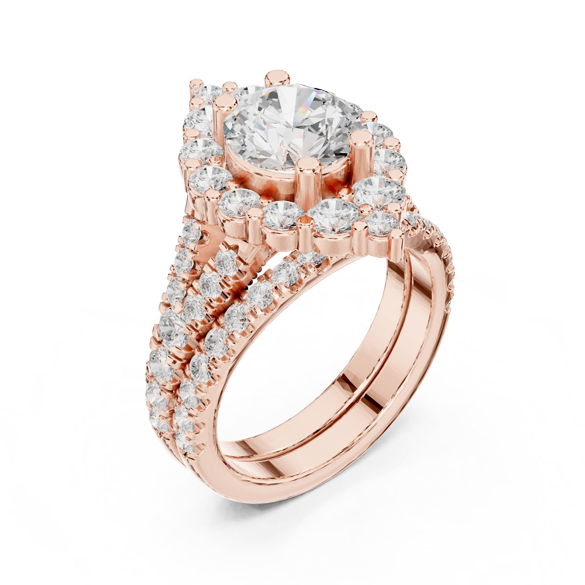 1.50 ct Round Multi-Row Halo Bridal Set 1.5ct Rose Gold