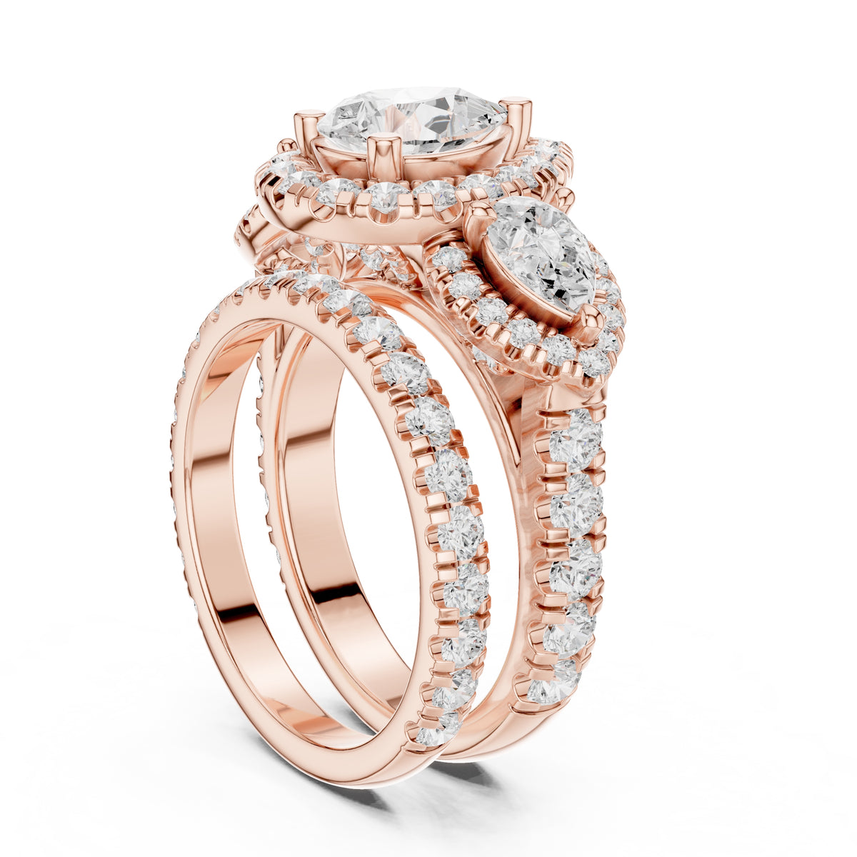 1.50 ct Pear Halo Three-Stone Ring 1.5ct Rose Gold