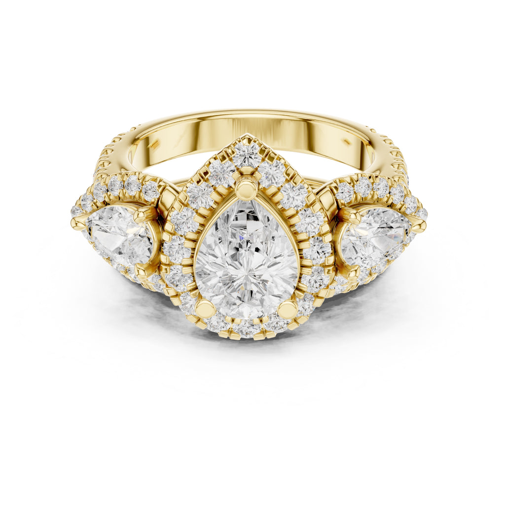 1.50 ct Pear Halo Three-Stone Ring 1.5ct Yellow Gold