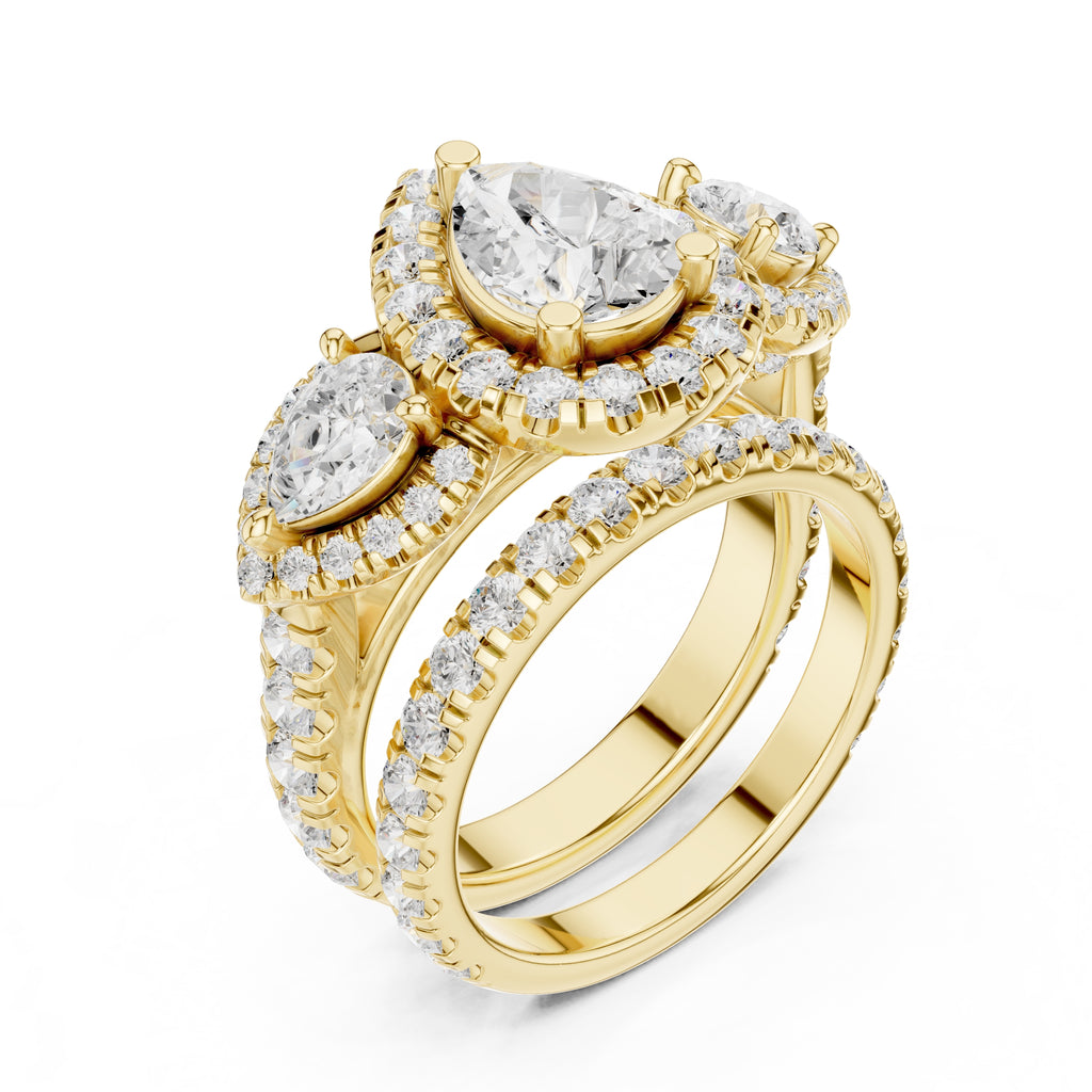 1.50 ct Pear Halo Three-Stone Ring 1.5ct Yellow Gold
