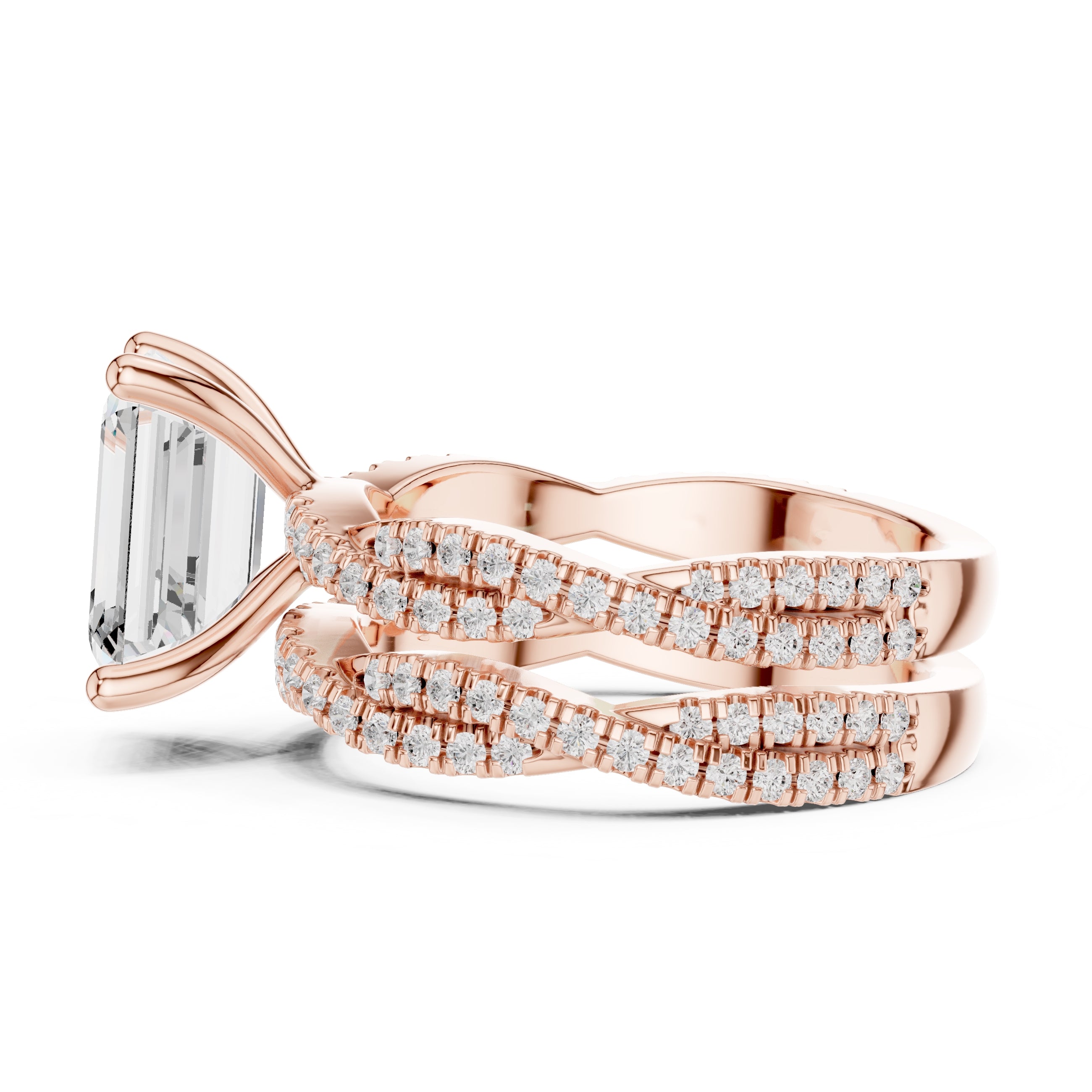 2.50 ct Emerald Cut Split-Shank Bridal Ring Set 2.5ct Rose Gold