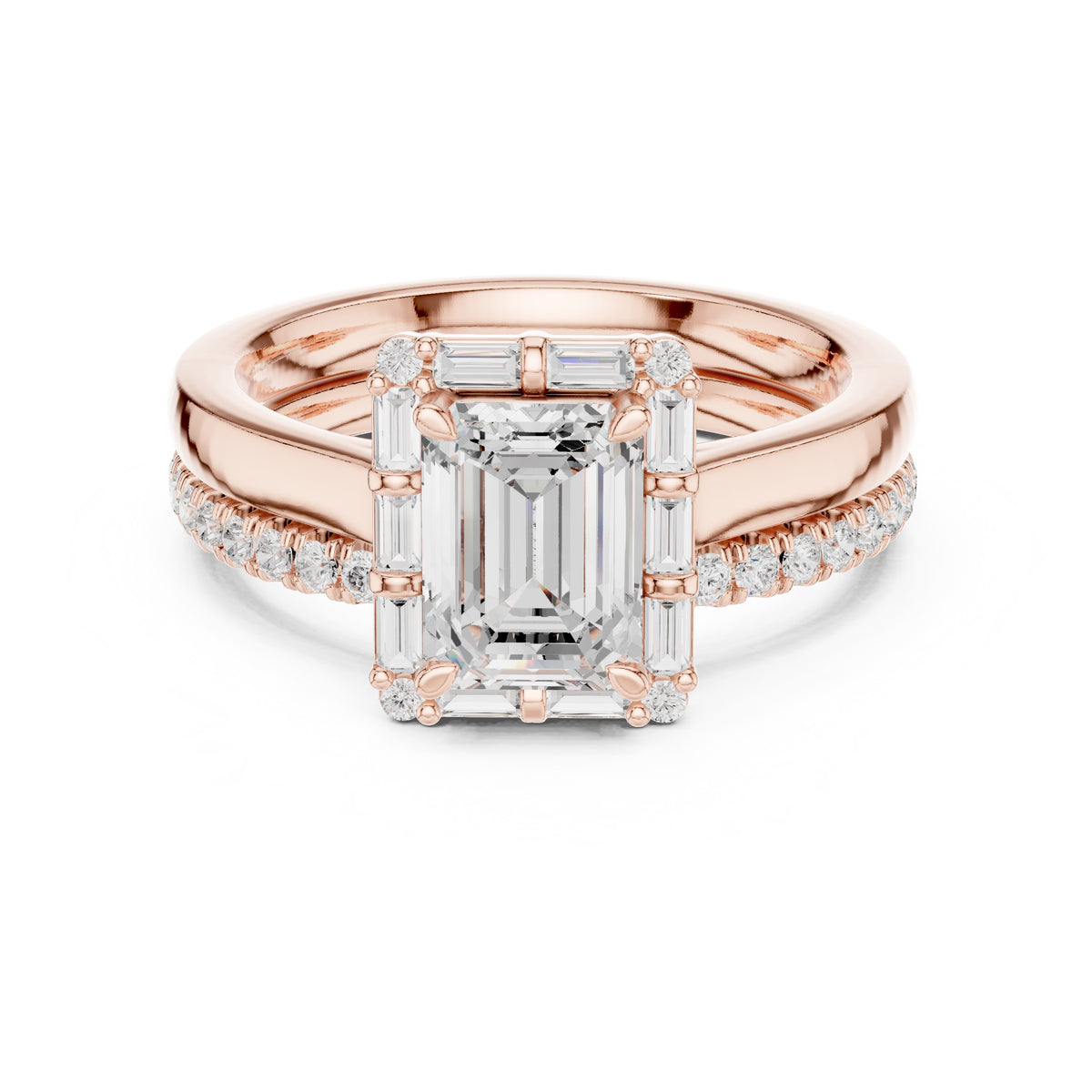 1.50 ct Emerald Cut Baguette Halo Bridal Set 1.5ct Rose Gold