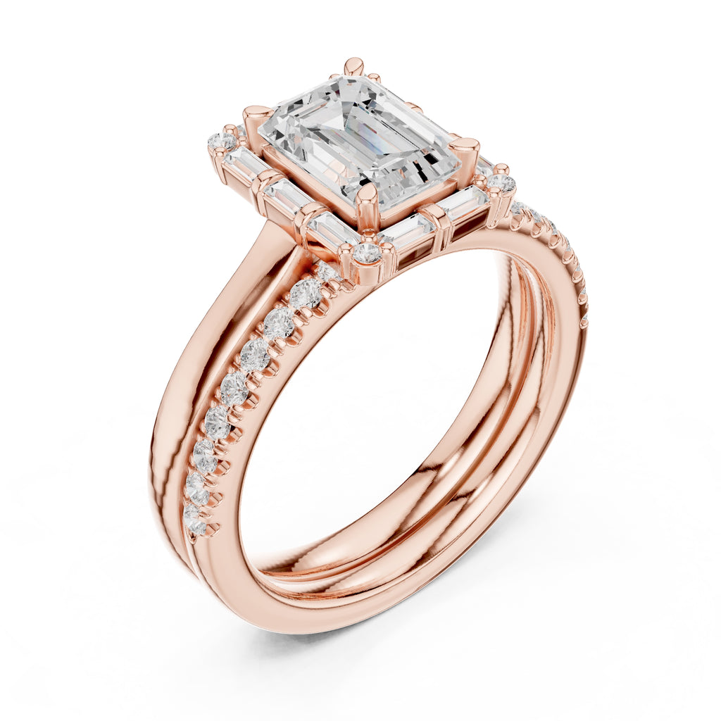 1.50 ct Emerald Cut Baguette Halo Bridal Set 1.5ct Rose Gold