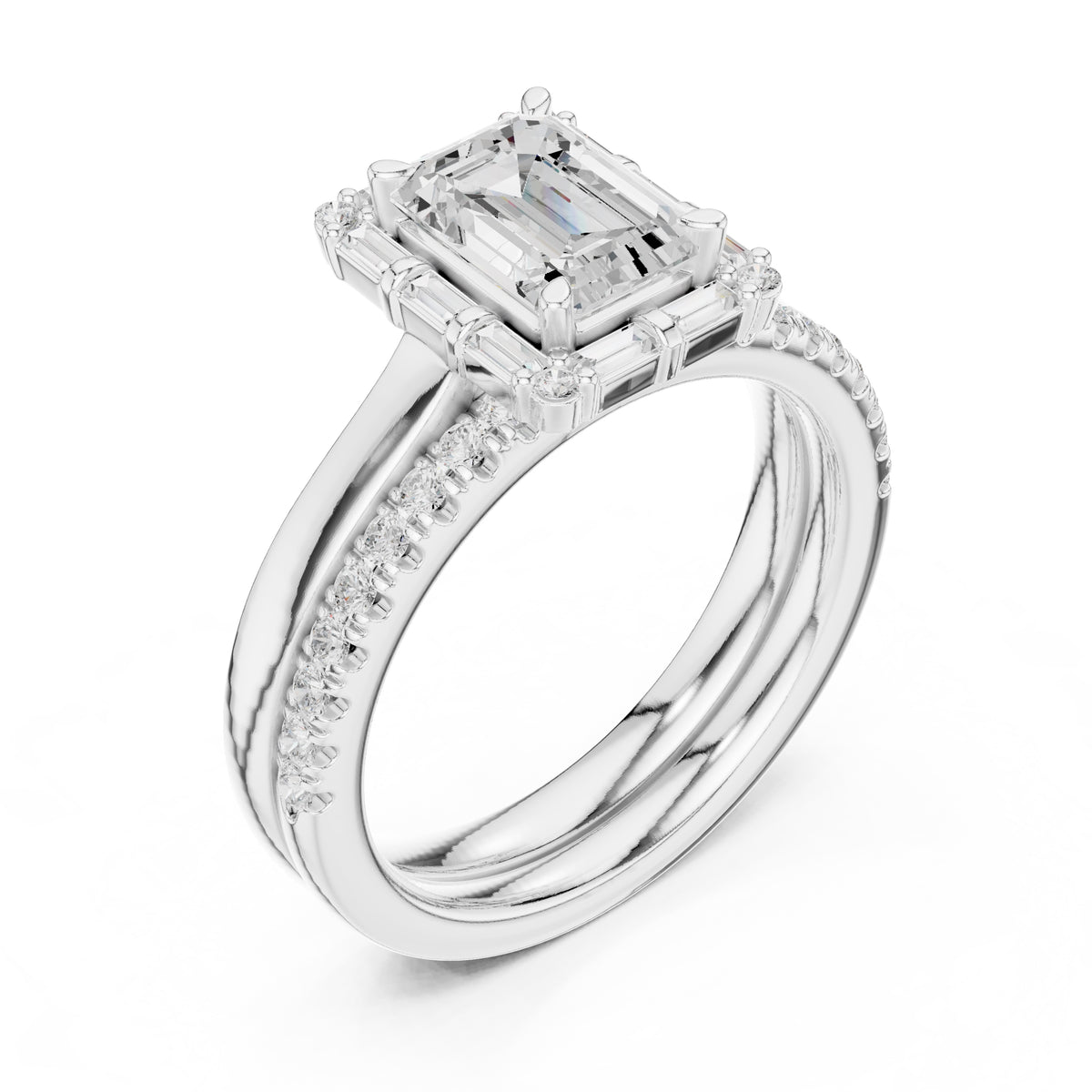 1.50 ct Emerald Cut Baguette Halo Bridal Set 1.5ct White Gold