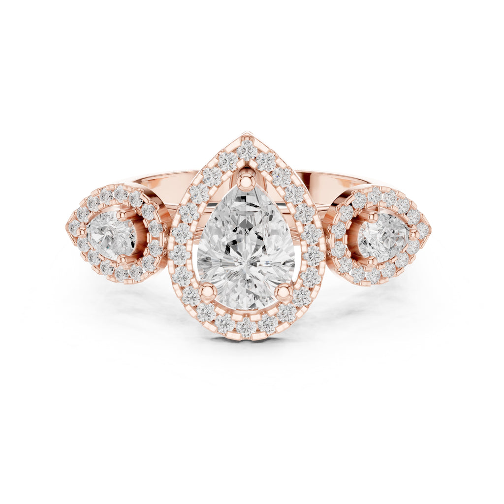 2.5 ct Pear Lab-Grown Diamond Three-Stone Halo Ring 2.5ct Rose Gold