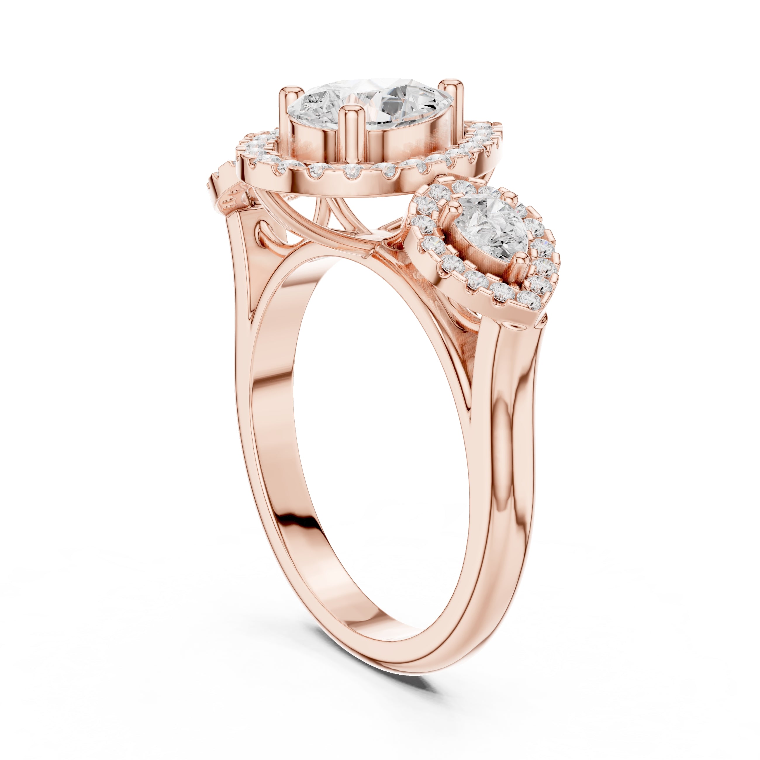 2.5 ct Pear Lab-Grown Diamond Three-Stone Halo Ring 2.5ct Rose Gold