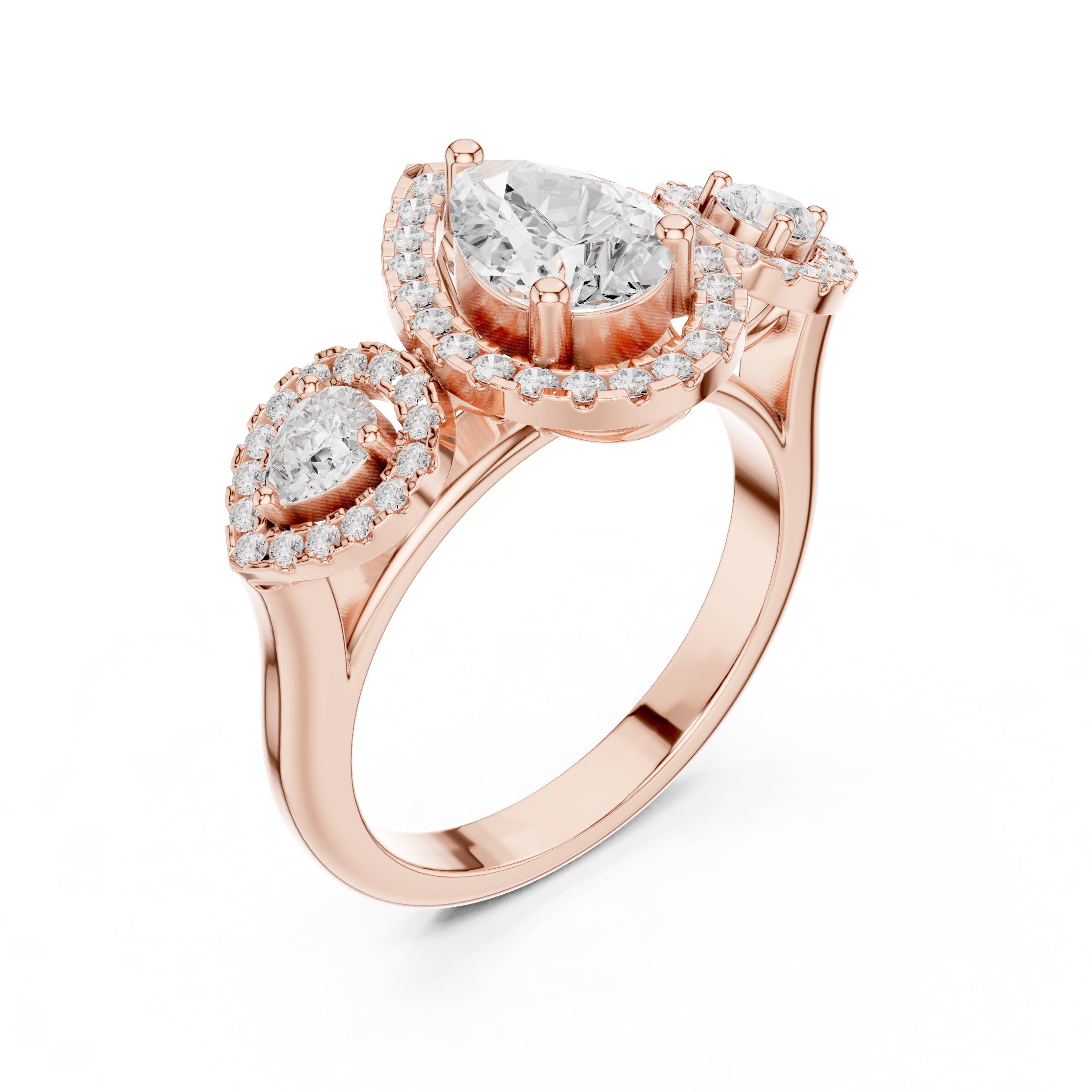 2.5 ct Pear Lab-Grown Diamond Three-Stone Halo Ring 2.5ct Rose Gold