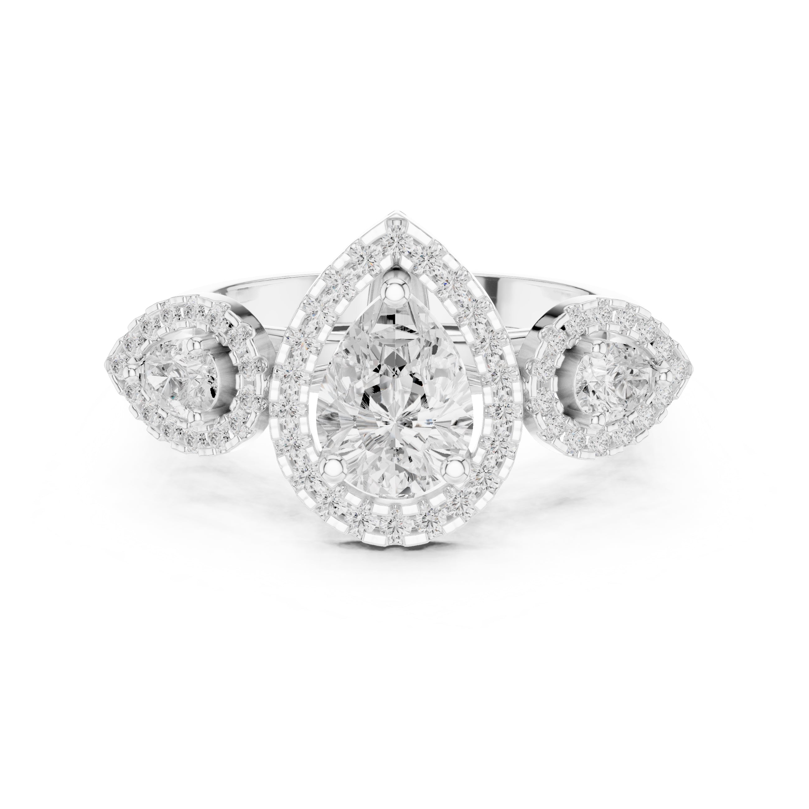 2.5 ct Pear Lab-Grown Diamond Three-Stone Halo Ring 2.5ct White Gold