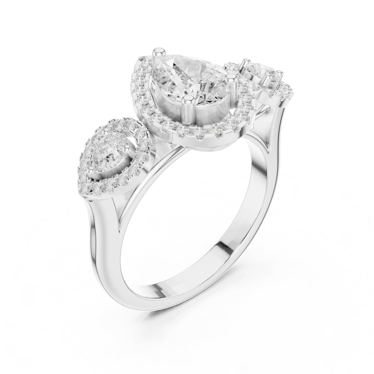 2.5 ct Pear Lab-Grown Diamond Three-Stone Halo Ring 2.5ct White Gold