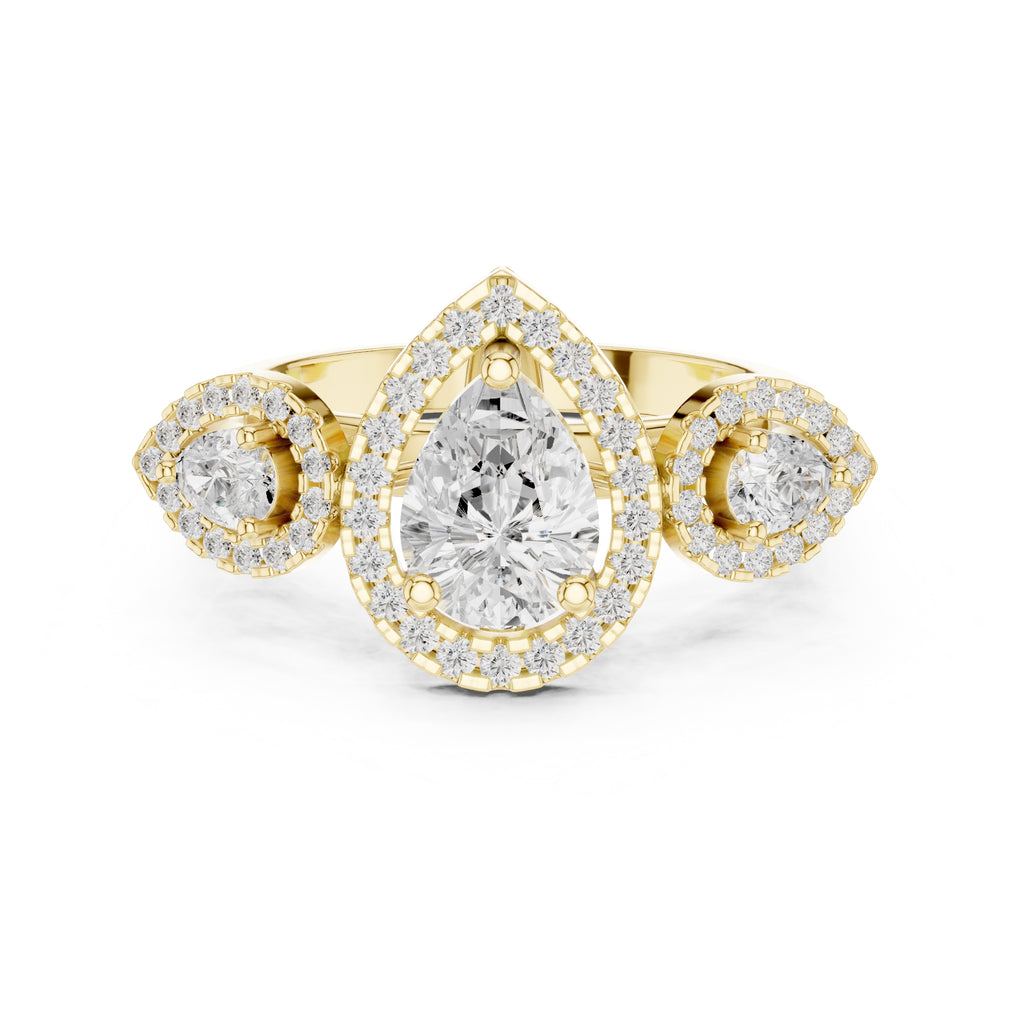 2.5 ct Pear Lab-Grown Diamond Three-Stone Halo Ring 2.5ct Yellow Gold