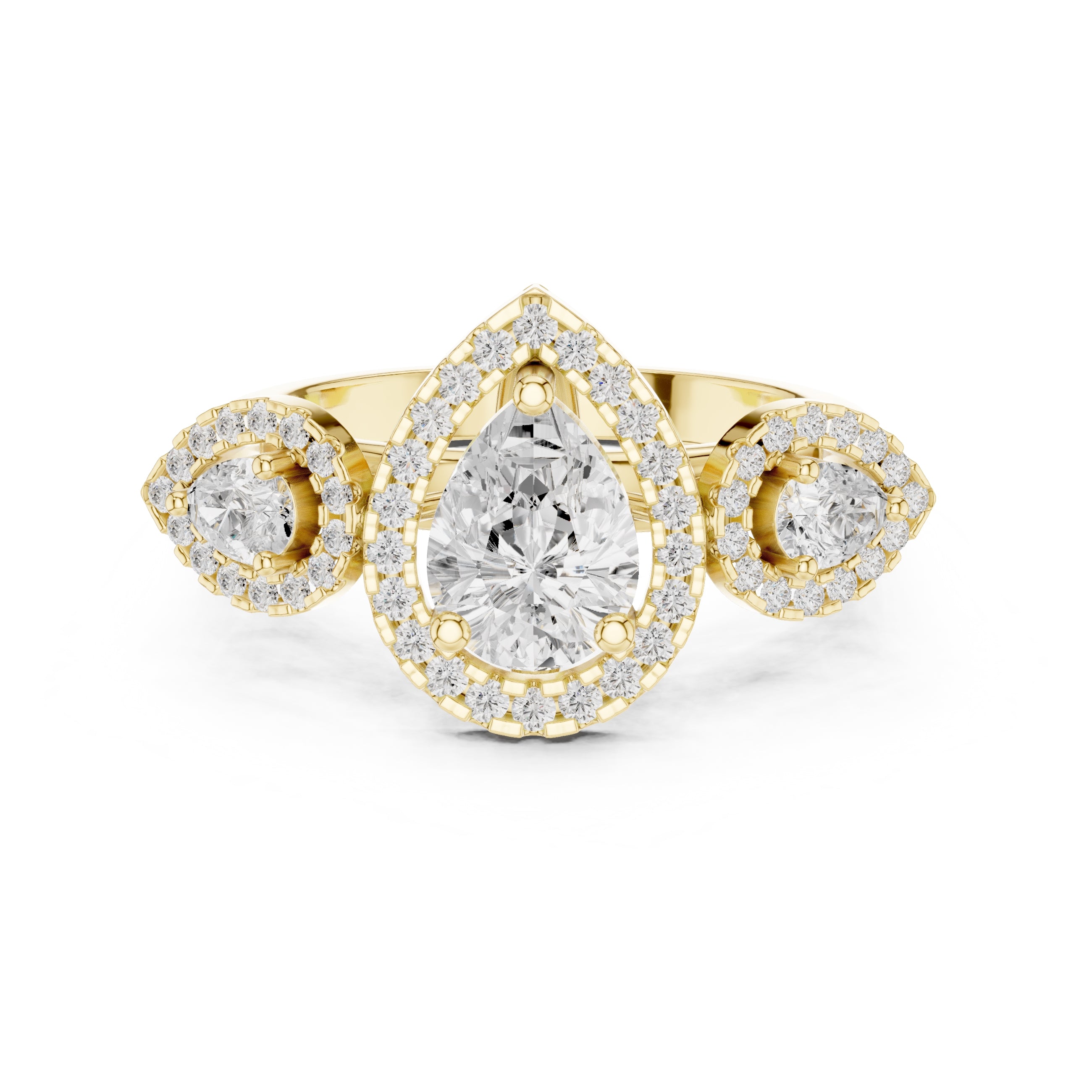 2.5 ct Pear Lab-Grown Diamond Three-Stone Halo Ring 2.5ct Yellow Gold