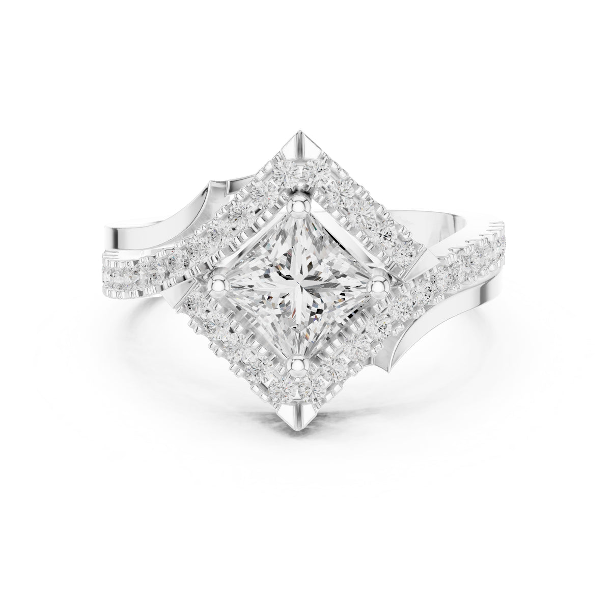 1.00 ct Princess Bypass Halo Engagement Ring 1ct White Gold