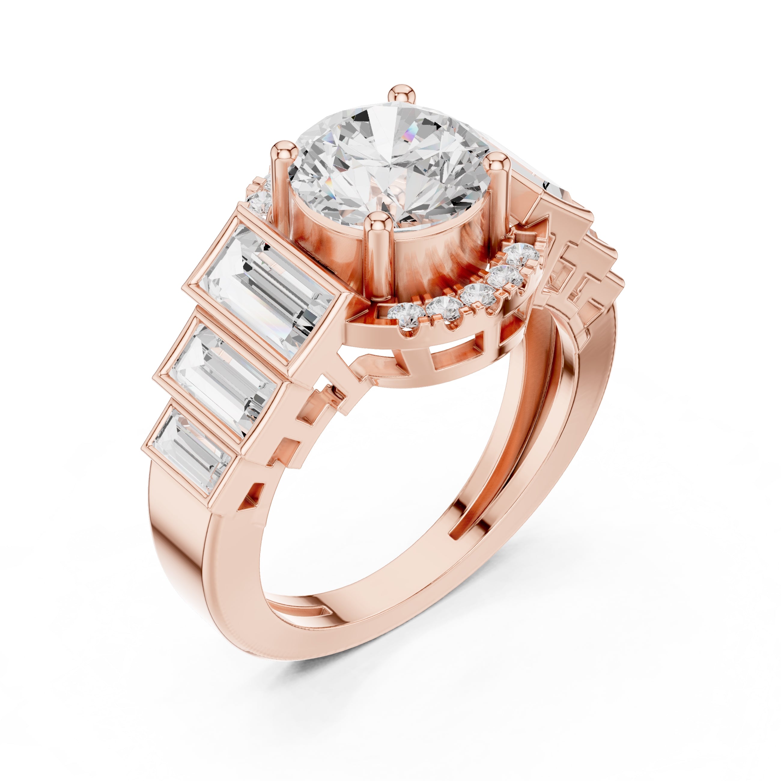 2.00 ct Round Lab-Grown Diamond Step-Accented Halo Ring 2ct Rose Gold