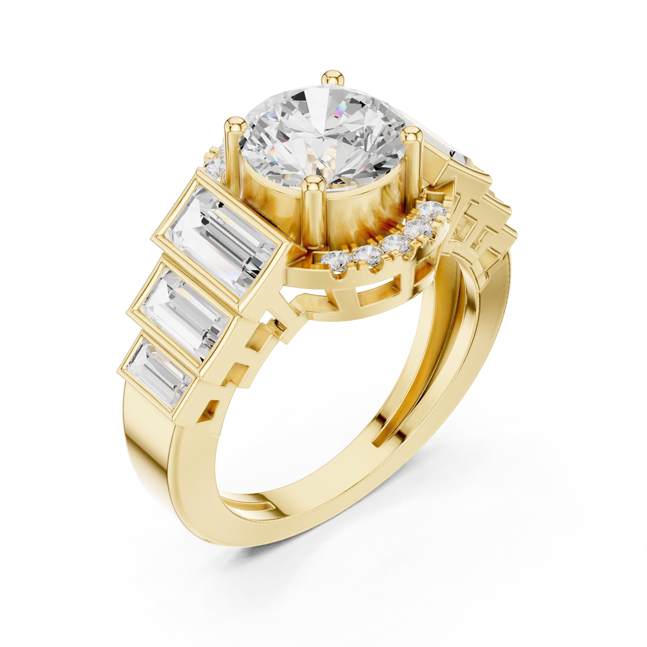 2.00 ct Round Lab-Grown Diamond Step-Accented Halo Ring 2ct Yellow Gold