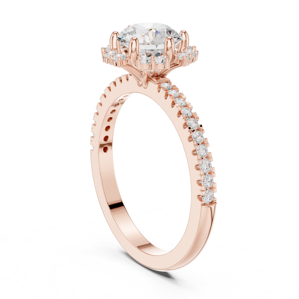 1.00 ct Round Lab-Grown Diamond Scalloped Halo Ring 1ct Rose Gold
