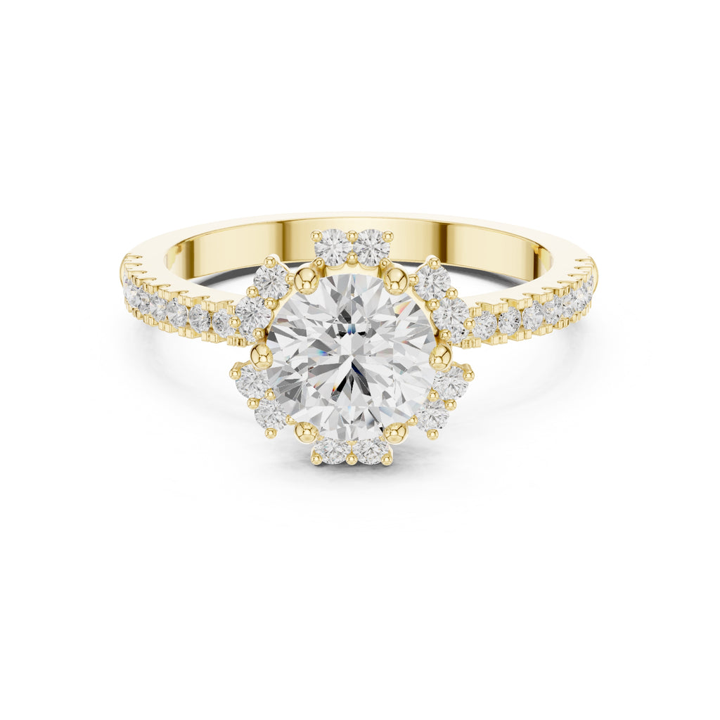 1.00 ct Round Lab-Grown Diamond Scalloped Halo Ring 1ct Yellow Gold
